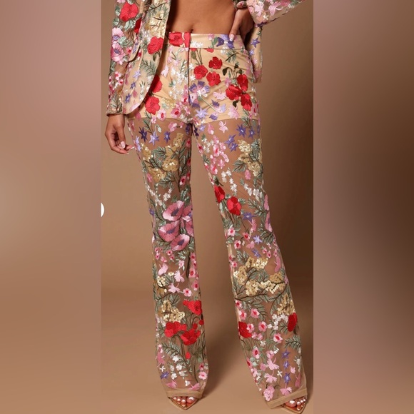 Fashion Nova Pants - Fashion Nova Erin Nude Sheer Boot Cut Pants with Multicolor Floral Embroidery